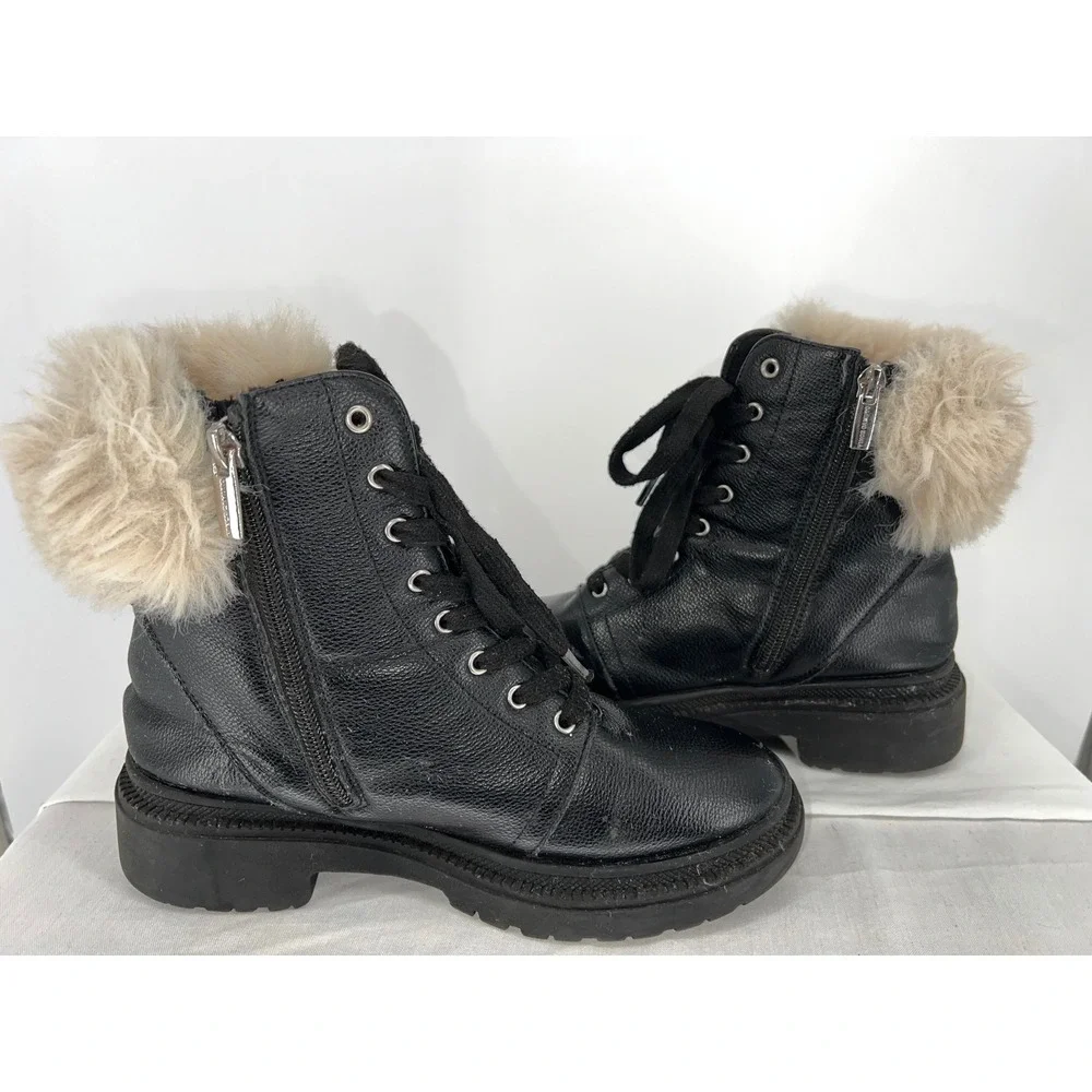 Vince Camuto Kids Black Leather Faux Fur Trim Lace Up Combat‎ Boots Side Zip